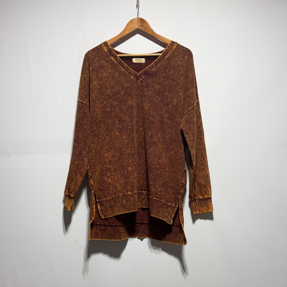 Zenana womens orange mineral washed vneck long sleeve top oversized large NWT